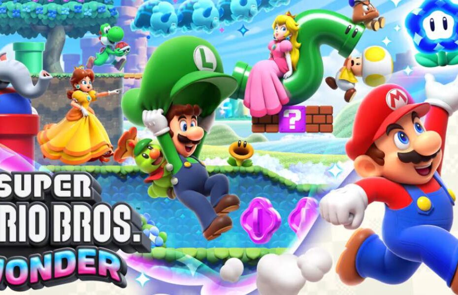 Banner de divulgação do jogo Super Mario Bros. Wonder. Na ilustração, Mário, Luigi, Peach, Daisy e outros personagens estão caminhando animadamente pelo mundo do game.