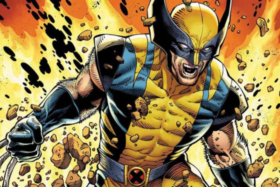 Wolverine. Cena de HQ do Wolverine, em que ele está em posição de luta, com as garras para fora. Ao seu redor há diversos pedaços de rocha voando após golpe.