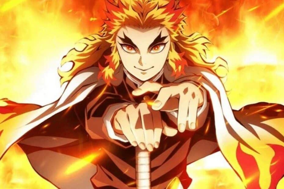 Demon Slayer rengoku envolto em chamas com sua espada