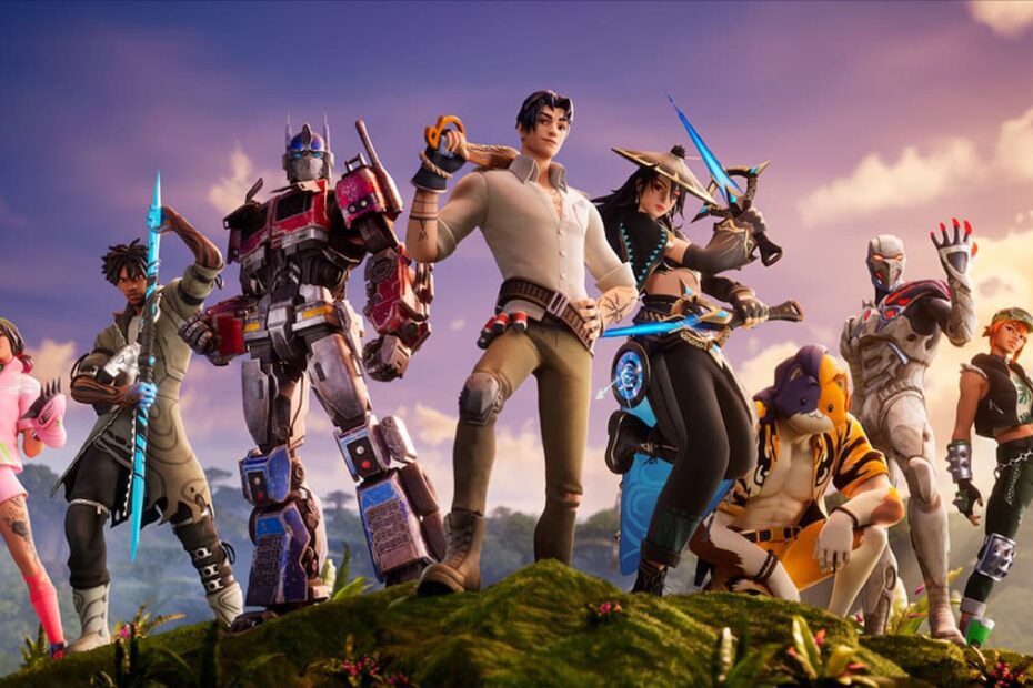 Vários personagens do jogo Fortnite com poses de confiante em uma montanha.