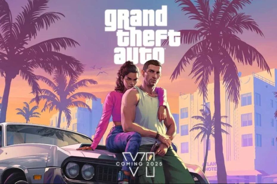 Imagem promocional do game GTA VI. Ao centro, apoiados em um carro estão os protagonistas Jason e Lucia. Ao fundo, o cenário possui cores remetentes ao por do sol, com tons em amarelo, laranja e roxo.