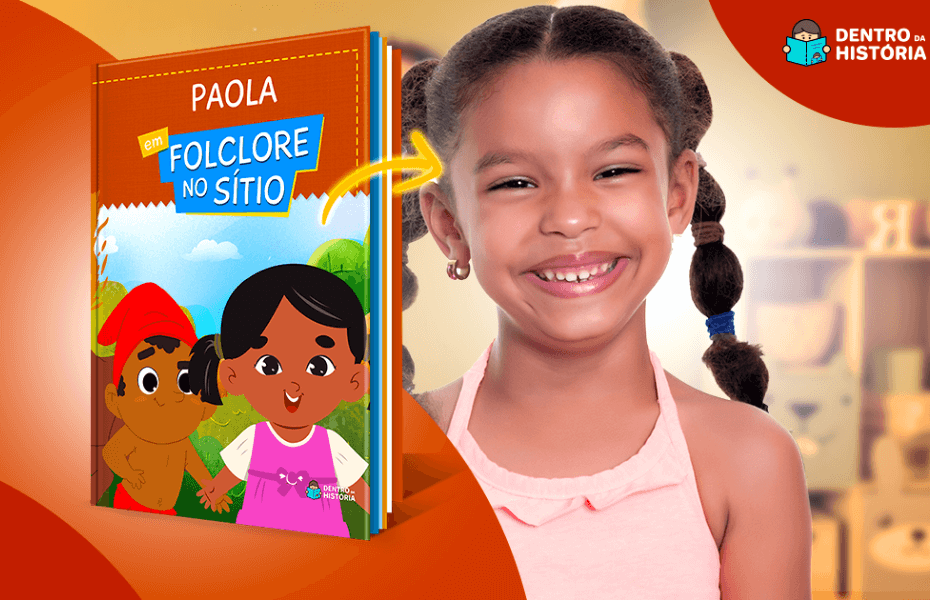 Menina negra ao lado do livro Folclore no Sítio