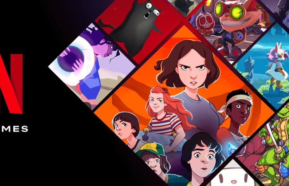 Banner de divulgação da Netflix Games. O logo da marca está ao lado de um mosaico de imagens dos diversos jogos que a plataforma possui.