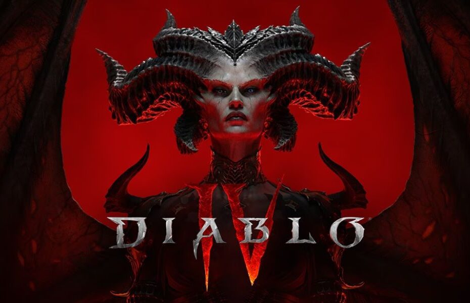 Pôster de divulgação do jogo Diablo IV, em que um demônio feminino está no centro da imagem.