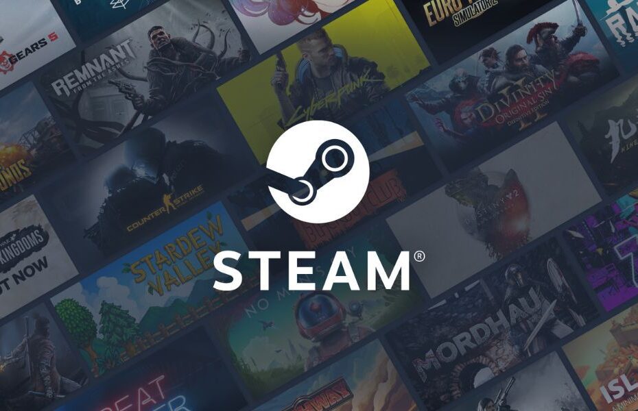 Logo e nome do software Steam centralizados na imagem e ao fundo diversos jogos sob domínio da empresa.