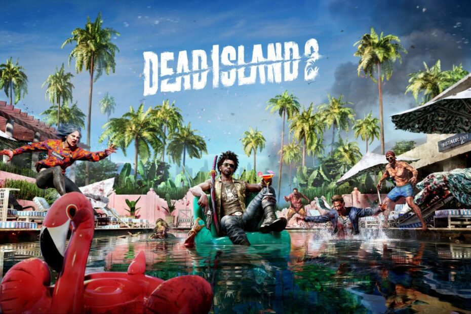 Banner de Dead Island 2. Ao centro, um homem está sentado em uma boia em uma iscina. Ao fundo, o cenário é um céu azul com palmeiras verdes ao redor