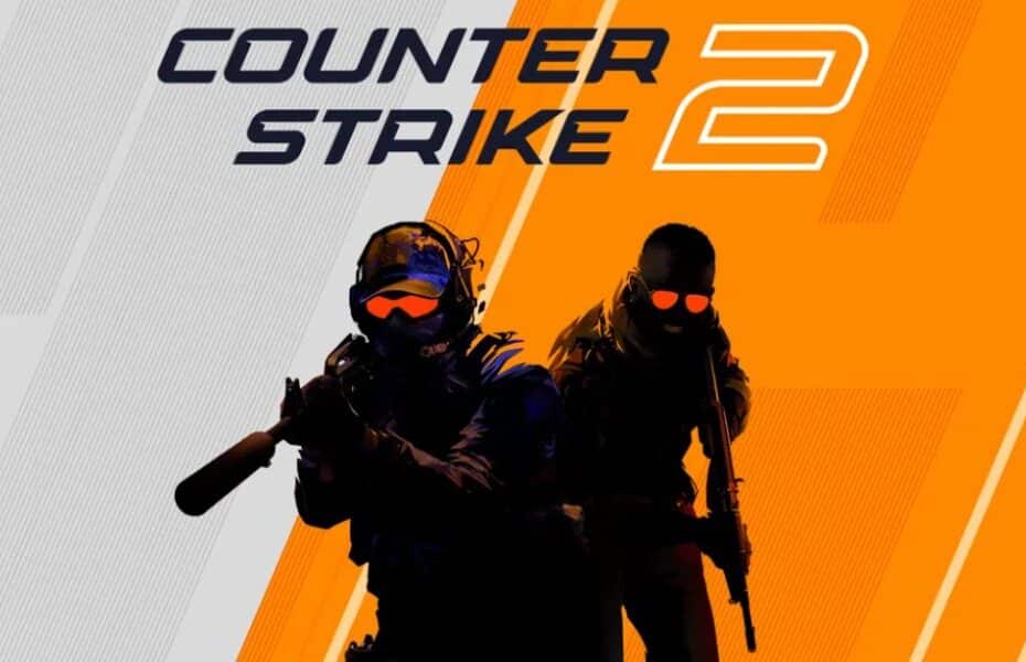 Banner de divulgação do jogo Counter Strike 2 (CS2). Há dois personagens armados e acima deles o nome do jogo.