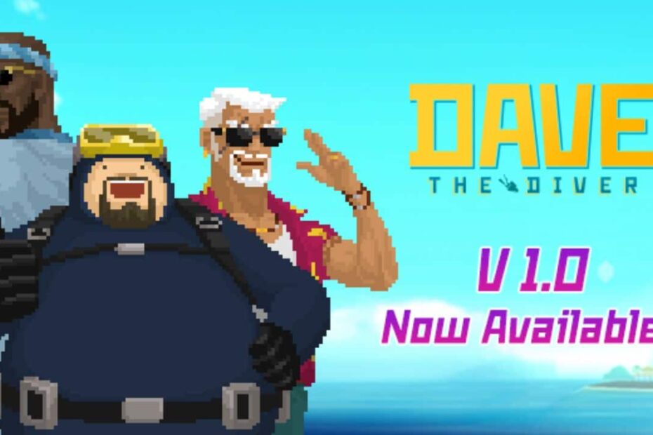 Banner do game Dave The Diver. A esquerda, de maneira pixelada, três personagens olham para frente. A direita está o nome do game em amarelo e a imagem possui um fundo azul claro