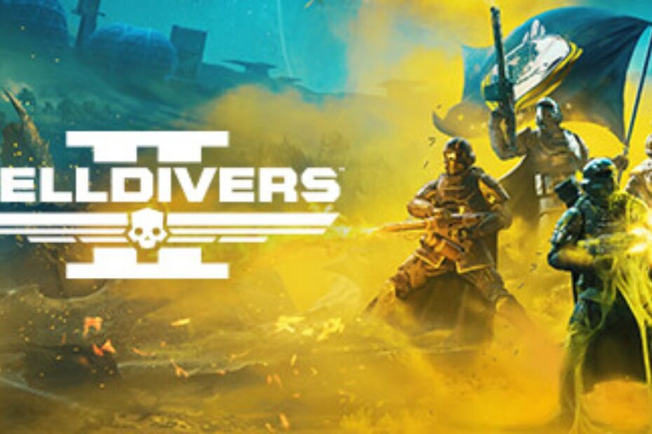 Banner de Helldivers 2, no centro está o título do game em letra branca. Ao lado, com um cenário amarelo, soldados estão com um armas em punho
